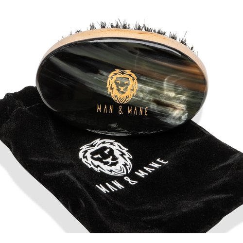 Man & Mane Premium Handmade Oxhorn Military Style Medium Stiff Natural Boar Bristle Men’s Hair Brush for Facial Hair & Beard Care