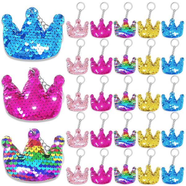 CiciBear 25 Pack Crown Sequin Keychains for Gold Themed Party Favors, Kids and Adults Birthday Gift, Baby Shower, Crown Princess Prince King Queen Party, 5 Colors