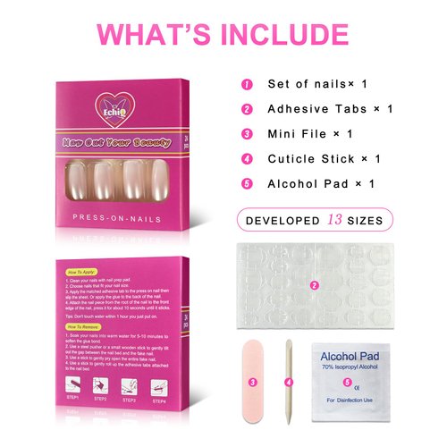 EchiQ Pearl Shine Glossy Fake Nails Shimmer White Square French Nail Ombre Faux Ongles Gradient Medium Fingernails with Gluetabs