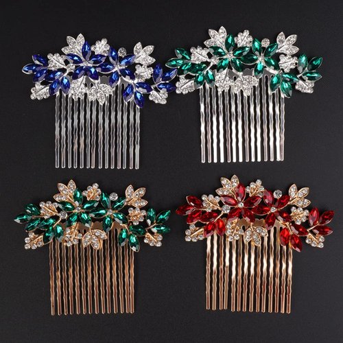Missgrace Women Bridal Wedding Silver Rhinestones Flower Leaf Side Hair Comb Special Occasion Headpiece Hair Accessories for Women (Silver Green)