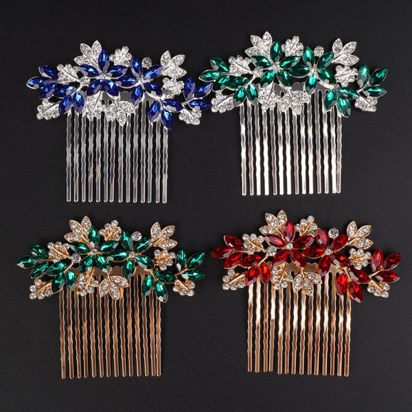 Missgrace Women Bridal Wedding Silver Rhinestones Flower Leaf Side Hair Comb Special Occasion Headpiece Hair Accessories for Women (Silver Green)
