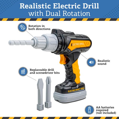 Kids Tool Set with Tool Box, Electronic Toy Drill with Bits & Construction Vest – Pretend Play Kit with Safety Googles, Gas Shield, Tape Measure, Saw, Bubble Level, Screwdriver, Nuts & Bolts