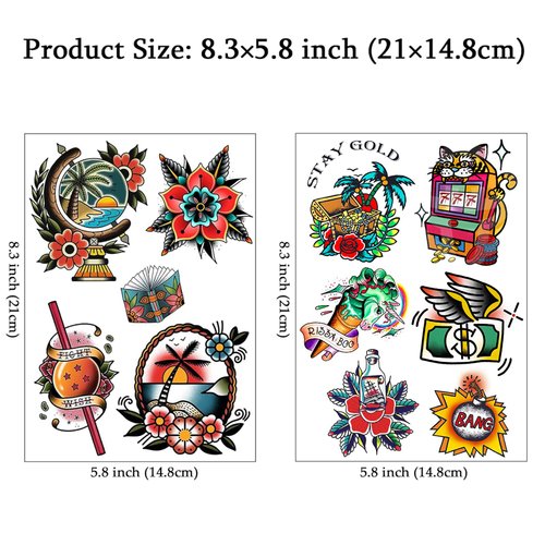 CARGEN Old School Temporary Tattoos - Traditional Vintage Classic Cool Stickers Sailor Jerry Style Flower Globe Coconut Tree Beach Dragon Ball Treasure Drifting Cone Bomb Temporary Tattoo Fake Tattoo
