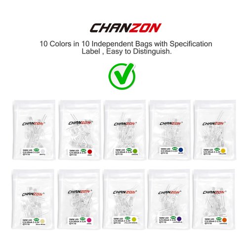 CHANZON 100pcs 5mm LED Diode Lights Assortment 10 Colors x 10pcs Diodes (Clear Transparent Lens) Emitting Lighting Bulb Lamp Assorted Kit Variety Color White Red Yellow Green Blue Orange UV Pink