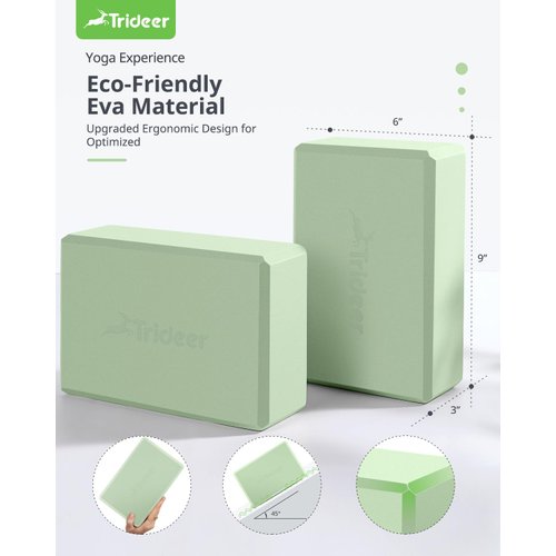 Trideer Yoga Block, Soft Non-Slip Surface Foam Premium Blocks, Supportive, Lightweight, Odor Resistant, Yoga Accessories for Pilates Meditation General Fitness Stretching Toning, 2 Pakc Light Green