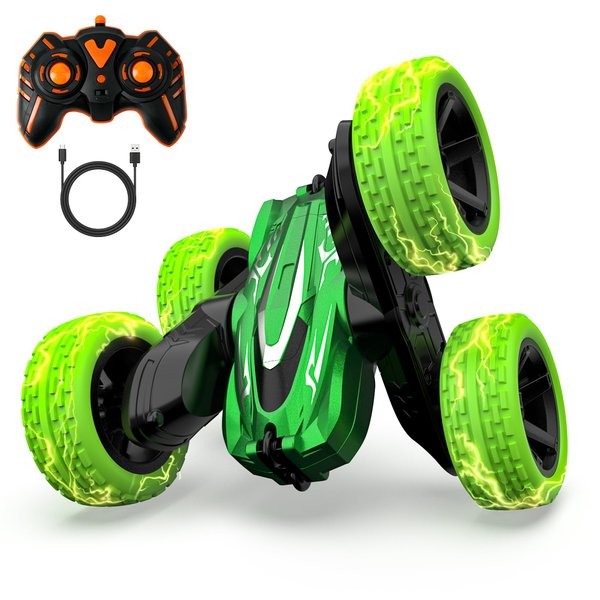 SHARKOOL Remote Control Car | 2.4Ghz Mini RC Cars with Rechargeable Battery, 360° Flips Rotating Double Side Stunt Car | Electric Toy Cars for Kids | Birthday Gift for Boys & Girls-Green