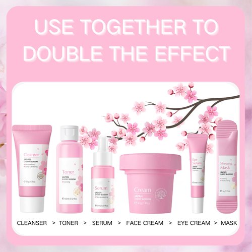 Sakura Skin Care Set, Women Gift Sets, Skin Care Kit with Cleanser, Toner, Serum, Eye Cream, Face Cream and 2Pcs Sleep Mask, Skin Care Routine Kit for Women, Even Skin Tone, Skin Care Sets & Kits