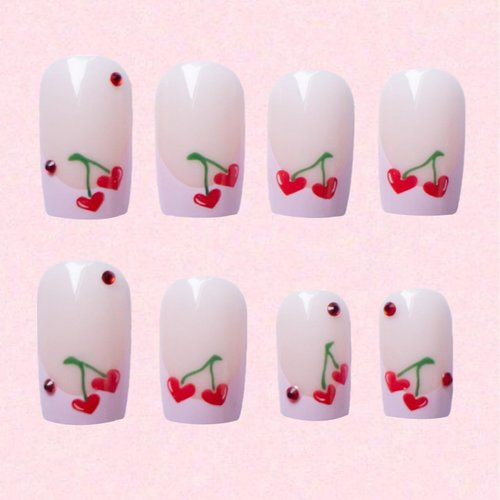 24Pcs French Tip Press on Nails Short Square Fake Nails Cherry Heart Red False Nails Red Gems Designs Acrylic Glossy Nails Red Rhinestones Glue on Nails for Valentines Women Manicure Decorations