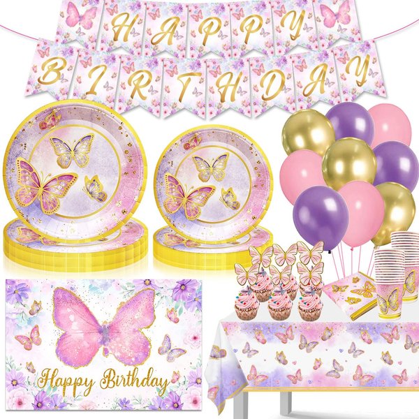 Butterfly Birthday Decorations for Girls, Butterfly Plates and Napkin Party Supplies Birthday Backdrop Banner for Baby Shower Birthday Decor,Serves 20