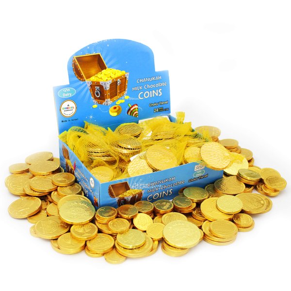 The Dreidel Company Hanukkah Chocolate Gelt, Milk Chocolate Coins, Made in Israel, Kosher Certified Cholov Yisroel Chanukah Coins Box, 0.42 oz each (Single, 24 Mesh Bags)