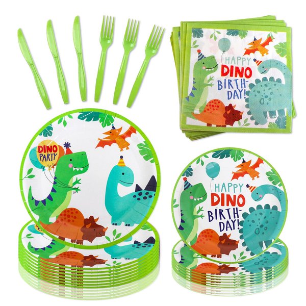 120 Pcs Dinosaur Birthday Paper Plates Napkins, Dinosaur Party Supplies Tableware Set for 24 Guests, Dinosaur Themed Birthday Party Decorations for Boys Girls Baby Shower