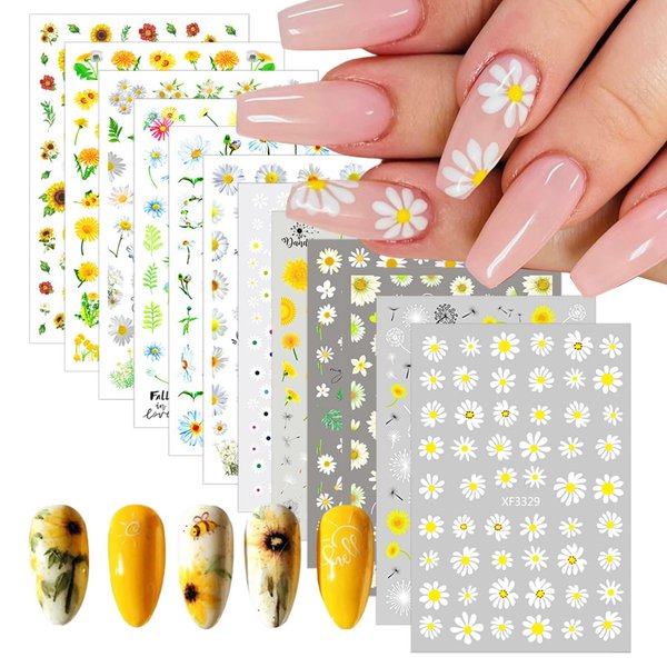 12 Sheets Spring Daisy Nail Art Stickers 3D Self-Adhesive Nail Supplies Flower Leaf Nail Stickers with Nail Design Yellow White Flowers Nail Decals Floral Nail Art Design for Women Girls DIY Nail