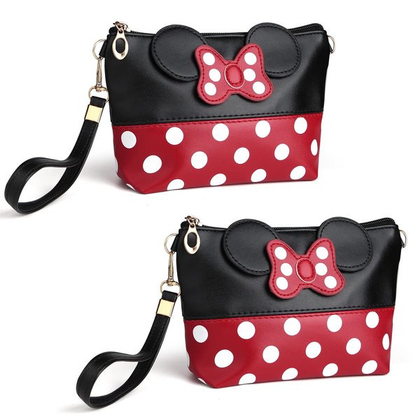 yiwoo 2 Pack Cartoon Leather Travel Makeup Handbag, Cute Portable Cosmetic Bag Toiletry Pouch for Women Teen Girls Kids(Black)