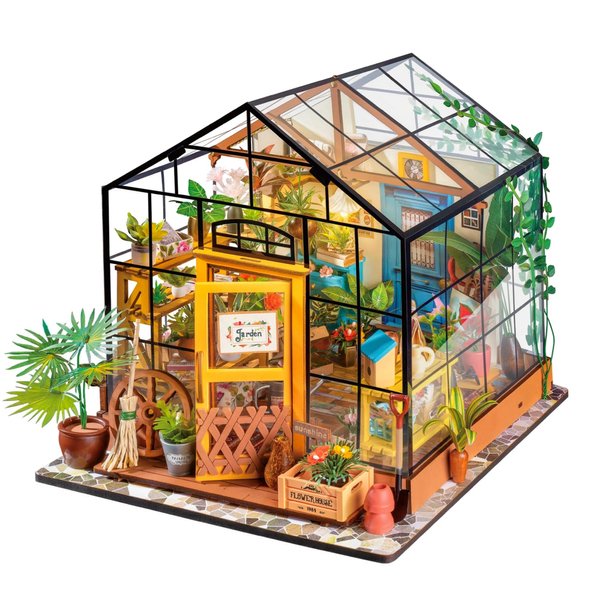 ROBOTIME DIY Dollhouse Wooden Miniature Furniture Kit Mini Green House with LED Best Birthday Gifts