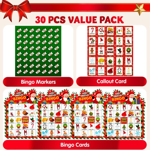 JOYIN 30 Players Christmas Bingo Cards, Xmas Bingo Game for Kids Family Activities, Holiday Winter Bingo Cards for Party Card Games, School Classroom Indoor Party Games