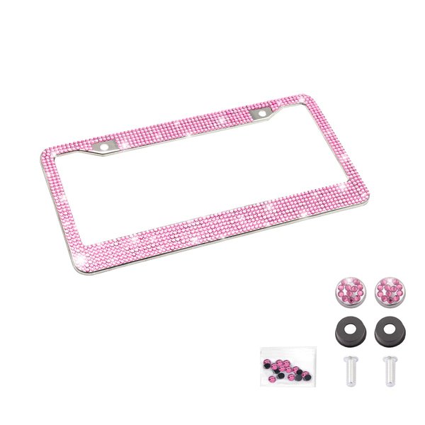 Osilly Bling Car License Plate Frame, 2 Hole Stainless Steel Crystal Diamond License Plate Holder & Screw Caps, Applicable to US Standard, Universal Sparkly Car Accessories for Girls Women (Pink)