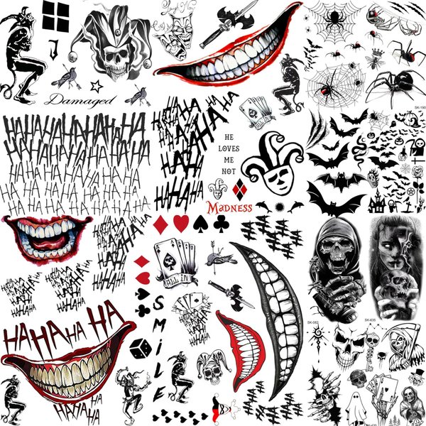 12 Sheets The Joker Tattoos, 4 Sheets Damaged Tattoo Joker Hand Halloween Face Makeup Kit, 8 Sheets Small Fake Temporary Tattoo Stickers Devil Death Skull Bat Spider Web Ghost Skeleton