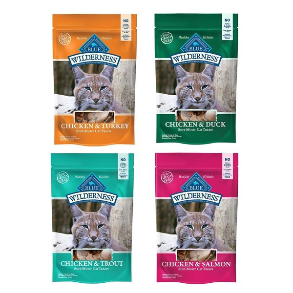 Blue Buffalo Wilderness Soft-Moist Grain-Free Cat Treats Variety Pack - 4 Flavors (Chicken & Duck, Chicken & Trout, Chicken & Salmon, and Chicken & Turkey) - 2 Oz Each (4 Total Pouches)