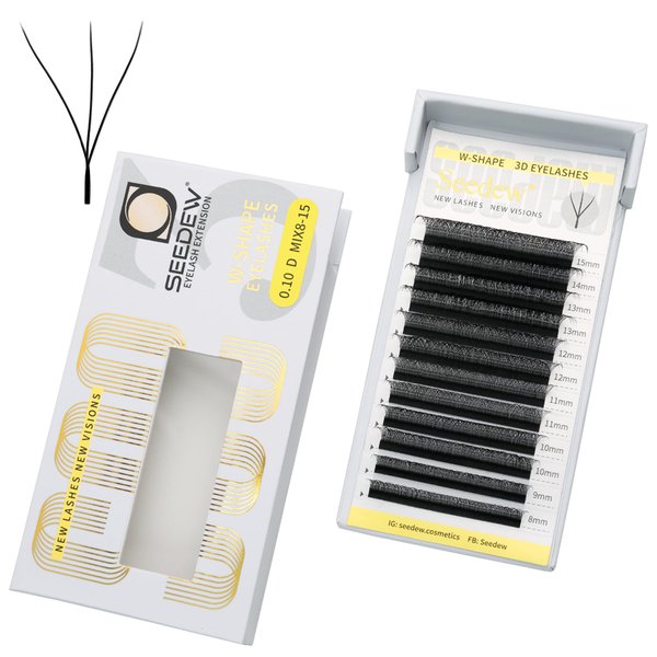 SEEDEW 3D Lash Extensions, 0.10mm D Curl MIX8-15mm 12 Rows/Tray, W Shape Flat Stem, PBT Natural Eyelash Grafting for Beginner Artist, Lash Tech, Beauty Salon(3D-Matte Black-0.10-D-MIX8-15mm)