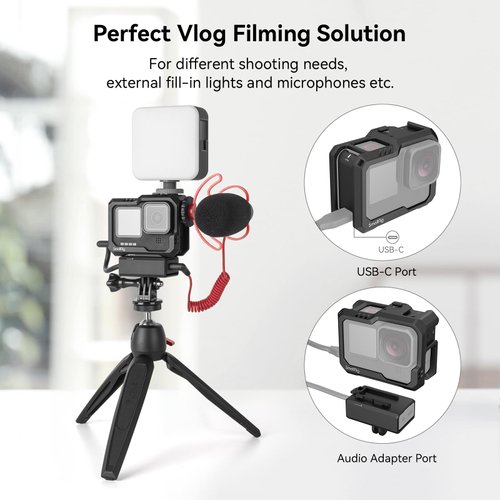 SmallRig Hero12 / Hero11 / Hero 10 / Hero 9 Black Cage for GoPro, with 2 Cold Shoe Mount for GoPro Light Mod and Common Microphone, Led Video Light - 3083C