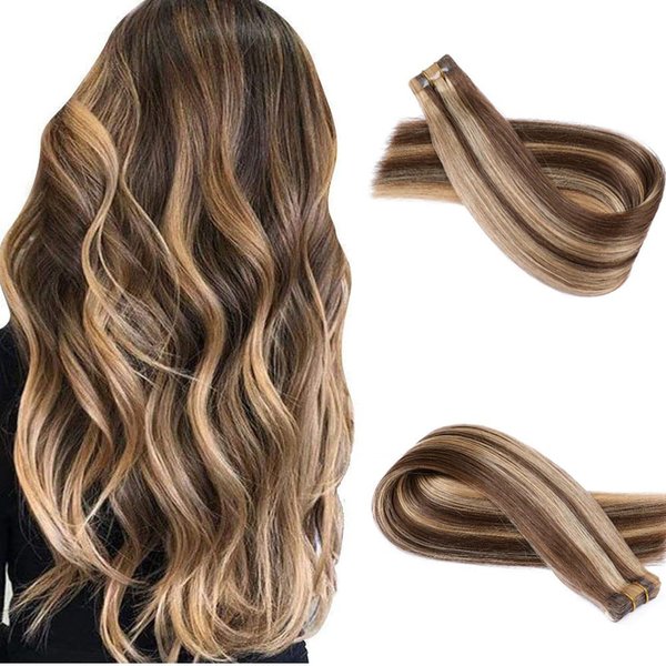 Tape in Hair Extensions Human Hair, Tape in Hair Extensions Real Human Hair, Ombre Balayage Chocolate Brown to Caramel Brown Highlighted 18Inch 30g Silky Straight Glue in Extensions