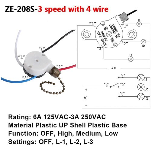 Ceiling Fan Switch ZE-208s E89885 3 Speed 4 Wire Fan Light Switch Replacement Part Speed Control Pull Chain Switch