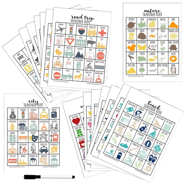 Craftivity Designs Variety Pack set of 20 Scavenger Hunt Games for Kids, Outdoor or Indoor, Road Trip, Travel Activities, Includes Dry Erase Markers and Cards, Family Game Night