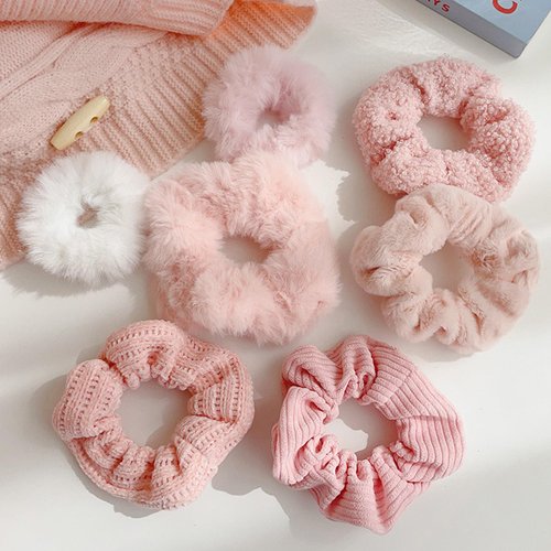 Yonchic 7-Piece Velvet Solid Elastic Hair Ties, Gentle Style Scrunchies for Women Long Thick Hair, No Damage Hair Scrunchies Rubber Bands Accessories (Pink)