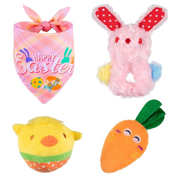 Whaline 4 Pack Easter Dog Toy Kit Bunny Chick Carrot Shape Plush Squeak Dog Toy with Cute Dog Bandana Teeth Cleaning for Easter Basket Dog Supplies