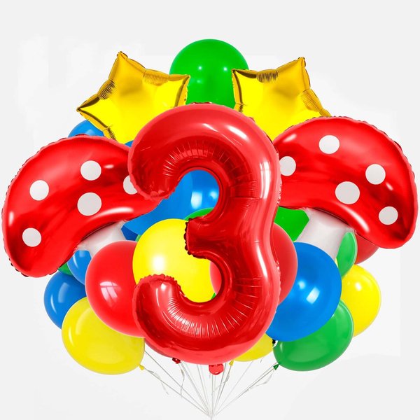 3 Balloon Number Red Blue Green Yellow Balloon Cartoon Mushroom Decorations Star Balloons for Birthday, Carnival, Party Activities, Cartoon Video Game Theme Party Supplies