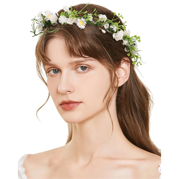 AWAYTR Flower Crown for Women Flower Headband for Girls Floral Crown with Adjustable Ribbon Flower Girl Headband Headpiece Hair Wreath Wedding Flower Halo Headband (White)