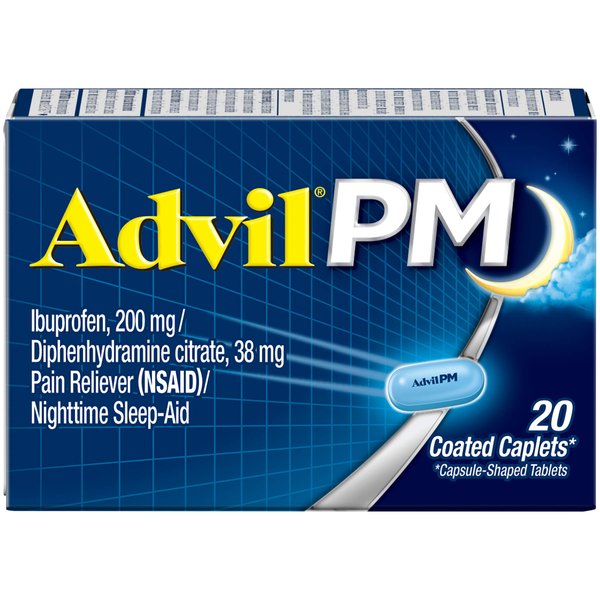 Advil PM Pain Reliever And Nighttime Sleep Aid, Pain Medicine With Ibuprofen For Pain Relief And Diphenhydramine Citrate For A Sleep Aid - 20 Coated Caplets