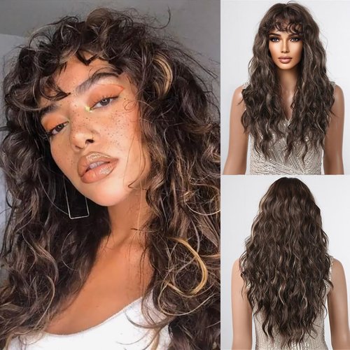 Allbell Long Brown Curly Wigs for Women Deep Wave Wigs with Bangs Synthetic Heat Resistant Wigs with Highlights