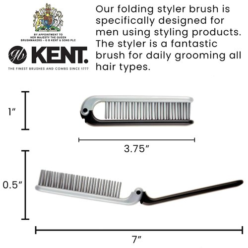 Kent KFM4 Anti-Static Hair Brush for Men - Folding Mini Hairbrush for Frizz-Free Styling and Daily Grooming, Made in England