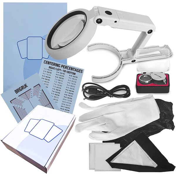 Sports Card Grading Kit Centering Tool, LED Magnifying Table Lamp for Handsfree, High Intensity Magnifying Loupe, Microfiber Cloth