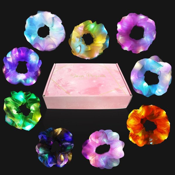 9 Pcs Light Up Scrunchies for Women, 3 Light Modes Led Scrunchies, Light Scrunchy for Girls, Glow Bands Ponytail Holder Glow in the Dark Christmas Hair Accessories Neon Rave party supplies