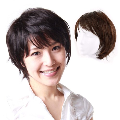 igennki Human Hair Blend Wigs Short Natural Layered Curly Human Hair Wigs for Asian Women with Hair Loss IU1001PH (Human hair mixed+M size, 3 Brown)