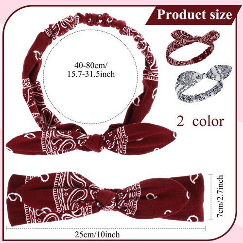 2 Pieces Bandana Headband for Women and Girls, Knot Retro Print Headbands Paisley Print Headband Headwrap Adjustable Headwrap (Deep Red, White)