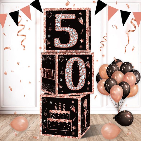 Eiurteao 3pcs 50th Birthday Decorations Boxes for Women, Rose Gold Happy 50 Birthday Balloons Boxes Party Supplies, Fifty Bday Theme Cardboard Box Decor