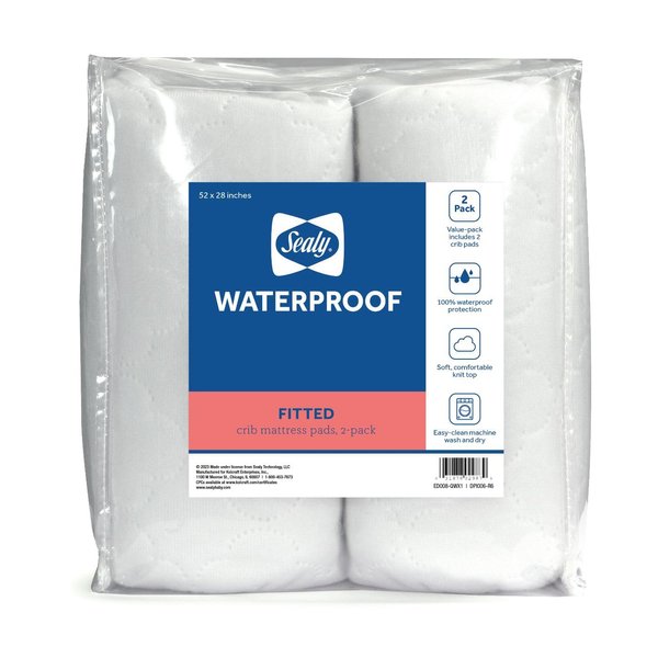 Sealy Baby 2-PACK Fitted Toddler Bed and Baby Crib Mattress Pad Cover Protector, Waterproof Crib Mattress Protector, Noiseless, Machine Washable and Dryer Friendly, 52" x 28" - White