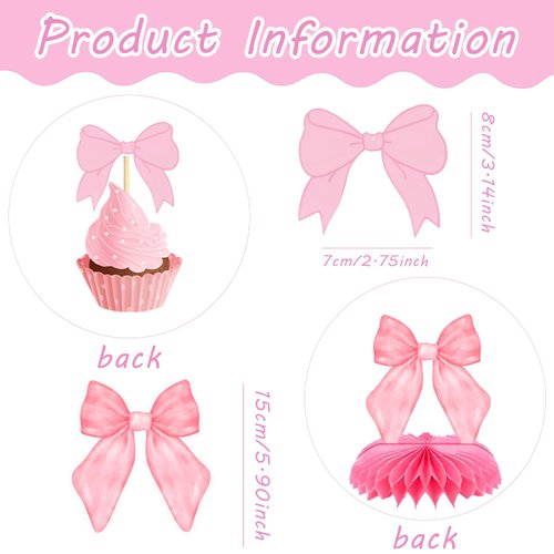 9Pcs Pink Bow Party Honeycomb Centerpieces Decorations, Pink Bow Coquette Birthday Decorations, Pink Bow Paper Cutouts Coquette Party Supplies for Bridal Engagement Bachelorette Wedding Party Decor