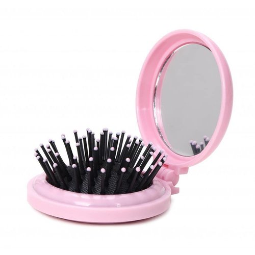 AKOAK 1 Pack Folding Travel Mirror, Hair Comb with Mirror, Round Mini Massage Comb, Portable Travel Makeup Mirror for Girls and Women, Suitable for Handbag/Pocket (Pink)