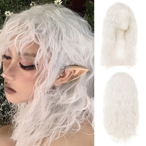Amnenl White Long Curly Wigs with Bangs for Women Wavy Wigs Synthetic Soft Hair Cosplay Halloween Costume Wig