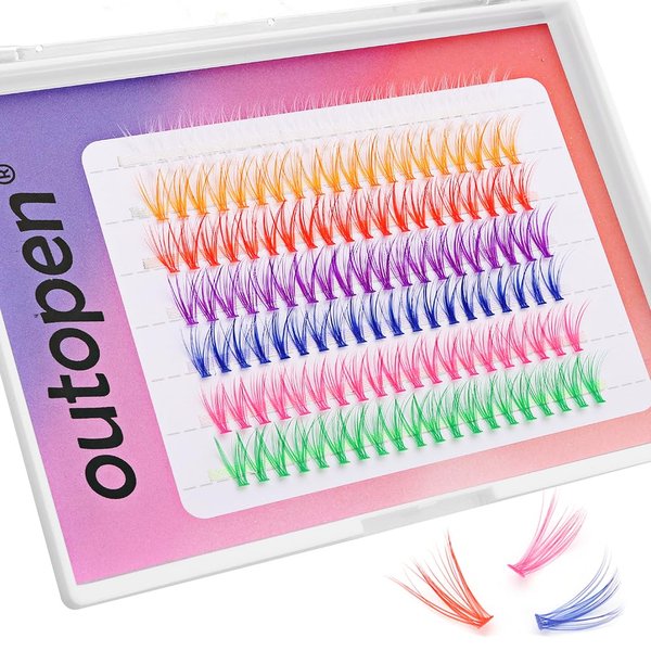 outopen Colored Lashes 14MM Cluster Lash Extensions 140 PCS 7 Colored Mixed Eyelashes C Curl Wispy Natural Colorful Cluster Lashes Extension DIY at Home Reusable (14mm/7 colors mixed)