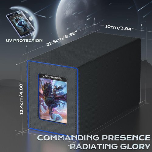 ZLCA Card Deck Box with Display Window,MTG Commander Deck Box Fits 200 Double-Sleeved Cards with Dice Tray & 35pt Magnetic Card Holder-Black&Blue