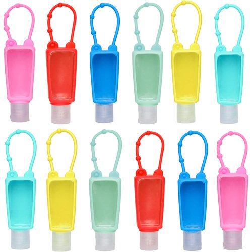 TanzDom 12 Pack Kids Hand Sanitizer Holder Keychain, Empty Travel Size Bottle with Silicone Keychain Holder and Flip Cap Reusable Squeeze Containers 30ml/1oz for Backpack, Pocketback, School, Camping