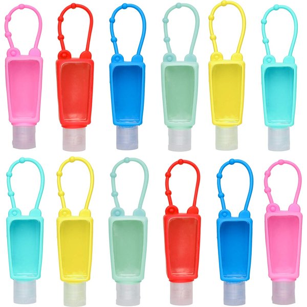 TanzDom 12 Pack Kids Hand Sanitizer Holder Keychain, Empty Travel Size Bottle with Silicone Keychain Holder and Flip Cap Reusable Squeeze Containers 30ml/1oz for Backpack, Pocketback, School, Camping