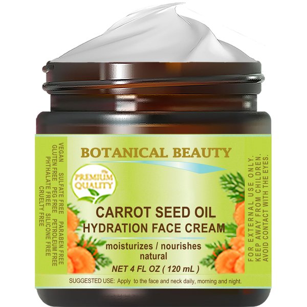 Botanical Beauty CARROT SEED OIL HYDRATION FACE CREAM for NORMAL, DRY, SENSITIVE SKIN. Protection Against DRYNESS. 4 Fl. oz - 120 ml.
