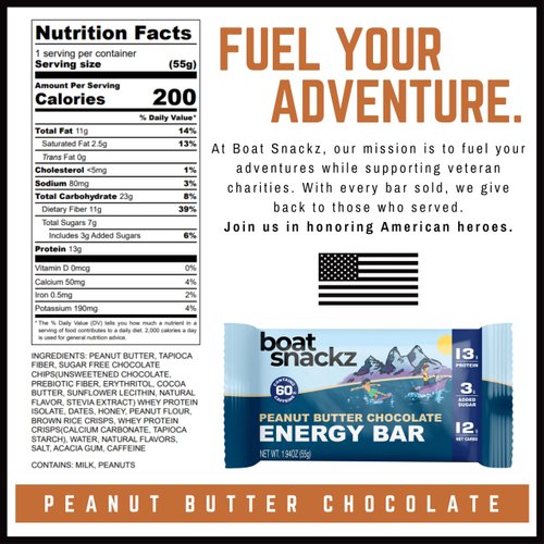 Boat Snackz - Peanut Butter Chocolate, Energy Bars (12 Pack) 13g Protein, 3g Added Sugar, 12g Net Carbs, 60mg Caffeine, No Seed Oils (55g bars) Made in USA - Supports Veteran Charities