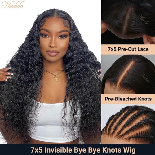 Nadula Bye Bye Knots Glueless Wig 7x5 Invisible Knots HD Lace Front Wigs Human Hair 12A Water Wave Pre Cut Lace Wig Pre-Plucked for Women 180% Density 18 inch